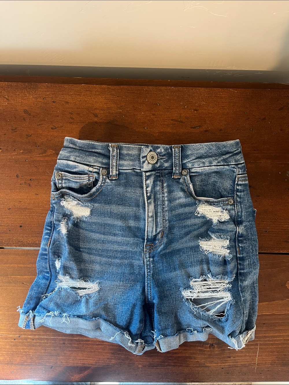 American Eagle Outfitters Distressed Mid-Blue High-Rise Jean Shorts